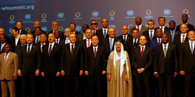 Turkish President Tayyip Erdogan (4th L) and U.N. Secretary-General Ban Ki-moon (5th R) pose with leaders and representatives
