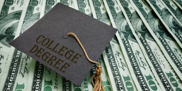 College Degree graduation cap on assorted hundred dollar bills