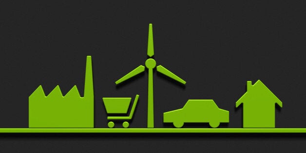 Symbols of a sustainable lifestyle - work, shopping, energy, mobility, habitation