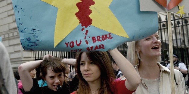 LONDON, ENGLAND- JUNE 24: Young protesters demonstate outside Downing Street against the United Kingdom's decision to leave the EU following the referendum on June 24, 2016 in London, United Kingdom. The United Kingdom has gone to the polls to decide whether or not the country wishes to remain within the European Union. After a hard fought campaign from both REMAIN and LEAVE the vote is too close to call. A result on the referendum is expected on Friday morning. (Photo by Mary Turner/Getty Images)