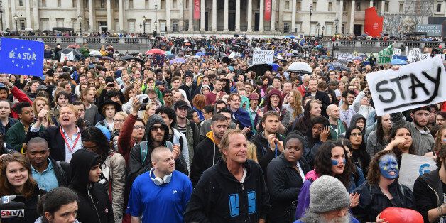 LONDON, ENGLAND - JUNE 28: Protesters gather against the EU referendum result in Trafalgar Square on June 28, 2016 in London, England. Up to 50,000 people were expected before the event was cancelled due to safety concerns. Early evening up to 300 people have still converged on the square to vent their anti-Brexit feelings. (Photo by Jeff J Mitchell/Getty Images)