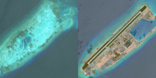 FIERY CROSS REEF, SOUTH CHINA SEA - MAY 31, 2014 to JUNE 3, 2016: DigitalGlobe overview imagery comparing Fiery Cross Reef from May 31, 2014 to June 3, 2016. Fiery Cross is located in the western part of the Spratly Islands group. Photo DigitalGlobe via Getty Images.