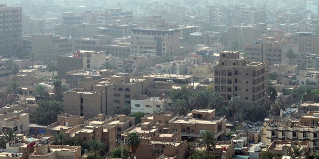 This skyline of downtown Baghdad with rooftops and terraces is a very typical urban view seen all over the Middle East.