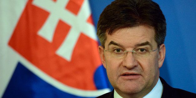Slovakian Foreign Minister Miroslav Lajcak attends a joint press conference with Hungary's Minister of External Economy and Foreign Affairs Peter Szijjartoin (unseen), in Budapest, Hungary, on February 25, 2016. / AFP / ATTILA KISBENEDEK (Photo credit should read ATTILA KISBENEDEK/AFP/Getty Images)