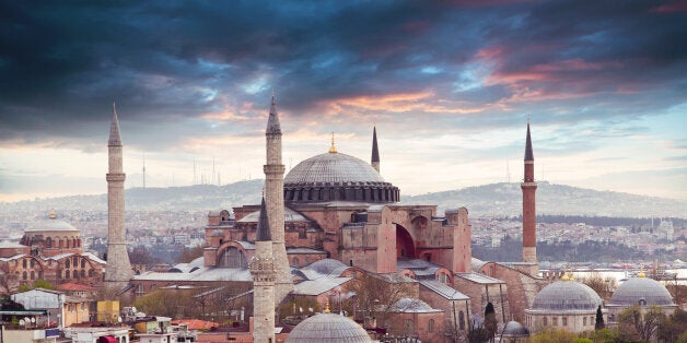 Hagia Sophia in Istanbul. The world famous monument of Byzantine architecture. View of the St. Sophia Cathedral at sunset.