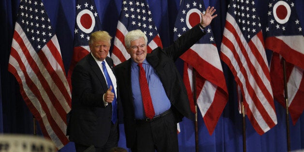 Donald Trump, presumptive Republican presidential nominee, left, stands on stage with Newt Gingrich, former speaker of the U.S. House of Representatives, during a campaign event in Cincinnati, Ohio, U.S., on Wednesday, July 6, 2016. Tennessee Senator Bob Corker has withdrawn his name from consideration as Trump's running mate, a move that deprives the Republican establishment of a contender who could have added experience and gravitas to the ticket. Photographer: Luke Sharrett/Bloomberg via Getty Images