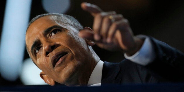 U.S. President Barack Obama speaks on the third night of the 2016 Democratic National Convention in Philadelphia, Pennsylvania, U.S., July 27, 2016. REUTERS/Jim Young