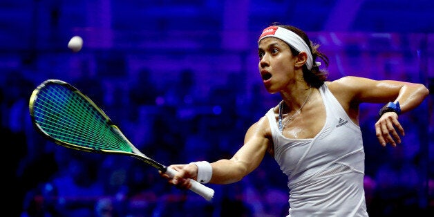 DUBAI, UNITED ARAB EMIRATES - MAY 27: Nicol David of Malaysia compete against Raneem El Welily of Egypt during day four of the PSA Dubai World Series Finals 2016 at Burj Park on May 27, 2016 in Dubai, United Arab Emirates. (Photo by Francois Nel/Getty Images)