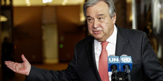 Antonio Guterres speaks to reporters on the selection of the next UN Secretary-General at the UN headquarters in New York, on April 12,2016.Over the next three days, eight contenders are expected to take the podium before the General Assembly's 193 nations to lay out their vision for the job and answer questions. The hearings are part of a broad push for transparency in the selection of Ban Ki-moon's successor, who will lead an organization of 40,000-plus employees with a budget of $10 billion. / AFP / KENA BETANCUR (Photo credit should read KENA BETANCUR/AFP/Getty Images)