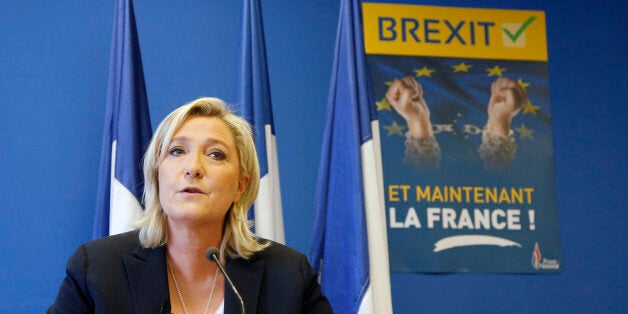 Marine Le Pen, France's far-right National Front political party leader, speaks during a news conference at the FN party head