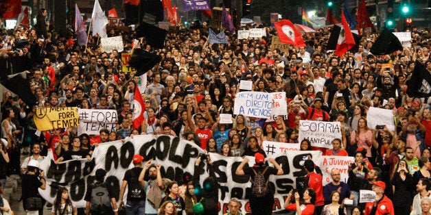 Militants of fronts "Popular Brazil" and "People without Fear" organized act repudiation of President Michel Temer, on Paulista Avenue in downtown SÃ£o Paulo, on Sunday afternoon. September 4, 2016. (Photo by Fabio Vieira/FotoRua/NurPhoto via Getty Images)