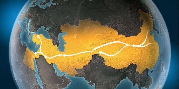 Map of Silk Road, a network of overland routes that connected China to Middle East and Europe through Central Asia. The road network was used in the past centuries by merchants trading goods and silk between distant countries and cross-continental regions. Marco Polo, an italian explorer, is believed to have travelled the route in the 13th century. Geopolitics, commerce and diplomacy connected to history and geography. Map is blank, without country names. Map is for illustration puroposes only, country grouping and current borders status may differ.