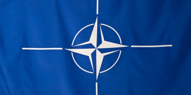 North Atlantic Treaty Organization flag, white compass rose emblem in blue background