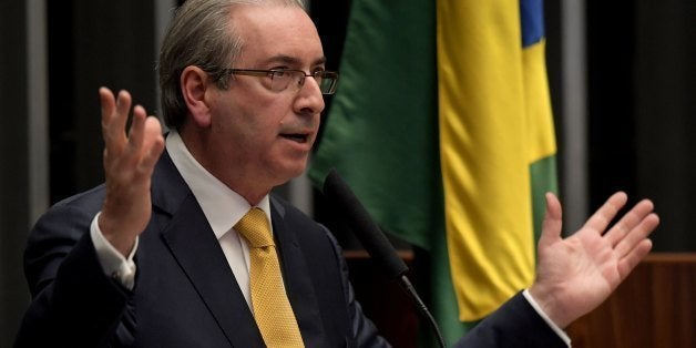 Former Lower House President Eduardo Cunha delivers a speech during session of the Chamber of Deputies that decides the revoc