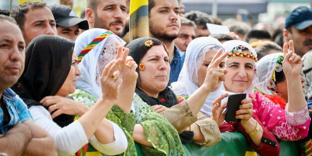 COLOGNE, GERMANY - SEPTEMBER 03: Expatriate Kurds living in Germany attend a rally to protest against Turkish President Recep