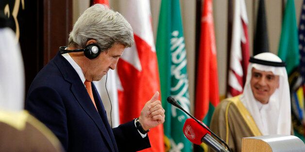 US Secretary of State, John Kerry (L) speaks near Saudi Arabia's Foreign Minister Adel al-Jubeir during a joint press conference after the ministerial meetings of the Gulf Cooperation Council (GCC) leaders on April 7, 2016 in the Bahraini capital Manama.US Secretary of State John Kerry urged Iran to help end the wars raging in Yemen and Syria, criticising the Islamic republic's 'destabilising actions' in the Middle East. / AFP / POOL / JONATHAN ERNST (Photo credit should read JONATHAN ERNST/AFP/Getty Images)