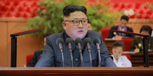 North Korean leader Kim Jong Un gives a speech at the 9th Congress of the Kim Il Sung Socialist Youth League in this undated