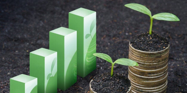 tress growing on coins with green graph / csr / sustainable development / economic growth / trees growing on stack of coins