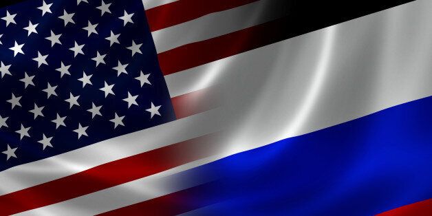 Merged US and Russian flag on satin texture. Concept of the long historical and political relations between the two countries.