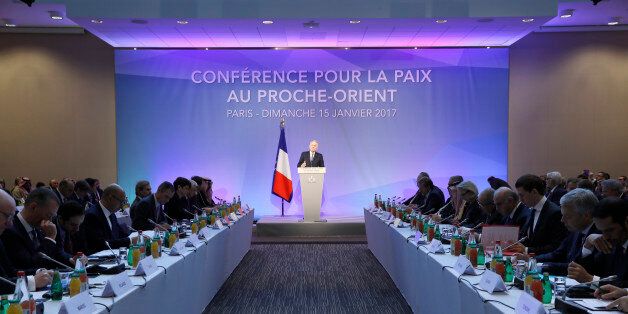 French Minister of Foreign Affairs Jean-Marc Ayrault addresses delegates at the opening of the Mideast peace conference in Paris on January 15, 2017.Around 70 countries and international organisations are making a new push for a two-state solution in the Middle East at the conference in Paris, just days before Donald Trump takes office vowing unstinting support for Israel. / AFP / POOL / THOMAS SAMSON (Photo credit should read THOMAS SAMSON/AFP/Getty Images)