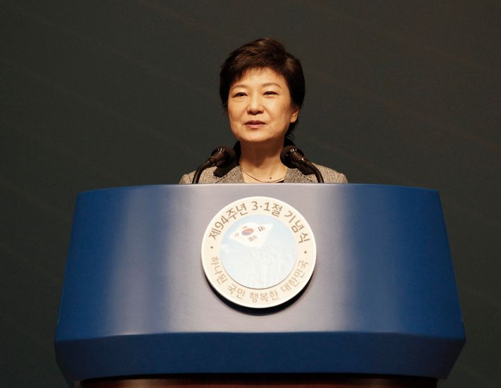 South Korean President Park Geun-hye delivers a speech during a ceremony to celebrate the March 1 Independence Movement Day, the anniversary of the 1919 uprising against Japanese colonial rule, in Seoul on March 1, 2013. South Koreans celebrate the public holiday of remembrance to mark the 1919 civilian uprising against Japanese colonial rule from 1910-1945. AFP PHOTO / POOL / AHN YOUNG-JOON (Photo credit should read AHN YOUNG-JOON/AFP/Getty Images)