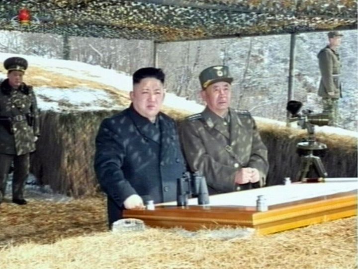 This video grab taken from North Korean TV on March 20, 2013 shows North Korean leader Kim Jong-Un's overseeing a live fire military drill. Kim Jong-Un oversaw a live fire military drill using drones and cruise missile interceptors, state media said, amid heightened tensions on the Korean peninsula. ----EDITORS NOTE --- RESTRICTED TO EDITORIAL USE - MANDATORY CREDIT ' AFP PHOTO / NORTH KOREAN TV' - NO MARKETING NO ADVERTISING CAMPAIGNS - DISTRIBUTED AS A SERVICE TO CLIENTS - AFP PHOTO/HO/NORTH KOREAN TV (Photo credit should read NORTH KOREAN TV/AFP/Getty Images)