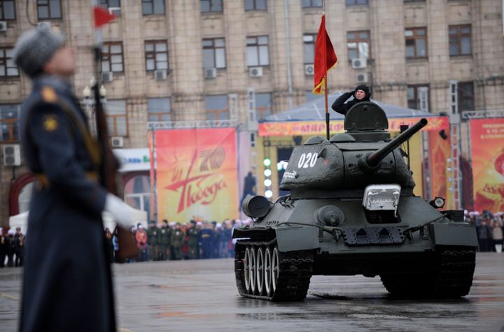 TO GO WITH AFP STORY BY ELEONORE DERMY A World War II-era Red Army's T-34-85 tank rolls during a military parade marking the 70th anniversary of the Stalingrad Battle, in the Russian city of Volgograd, formerly Stalingrad, on February 2, 2013. Russia marked today the 70th anniversary of a brutal battle in which the Red Army defeated Nazi forces and changed the course of World War II. AFP PHOTO / MIKHAIL MORDASOV (Photo credit should read MIKHAIL MORDASOV/AFP/Getty Images)