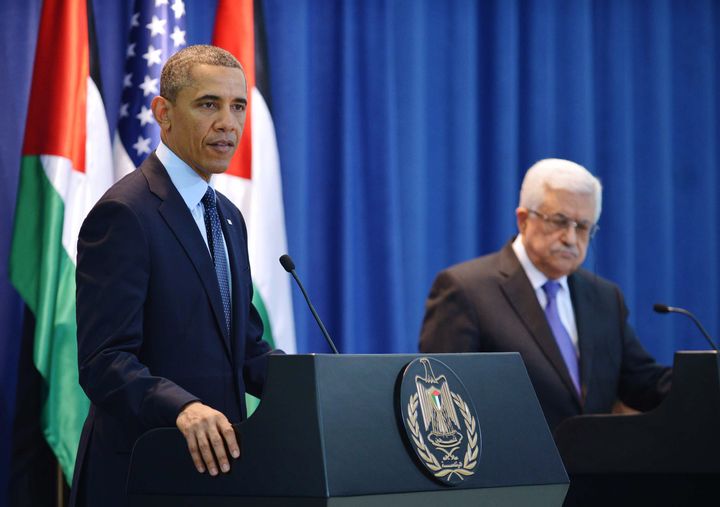 US President Barack Obama (L) speaks during a joint press conference with Palestinian president Mahmud Abbas at the Muqataa, the Palestinian Authority headquarters, in the West Bank city of Ramallah on March 21, 2013. Obama arrived in the West Bank to a more prickly welcome from Palestinian leaders than the warm embrace he won in Israel the day before. AFP PHOTO/MANDEL NGAN (Photo credit should read MANDEL NGAN/AFP/Getty Images)