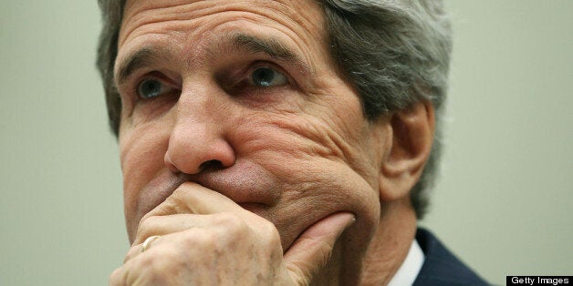 WASHINGTON, DC - APRIL 17: Secretary of State John Kerry listens to questions during a House Foreign Affairs Committee hearing on Capitol Hill, April 17, 2013 in Washington, DC. The committee was hearing testimony from Secretary Kerry on the State Departments proposed FY 2014 foreign affairs budget. (Photo by Mark Wilson/Getty Images)