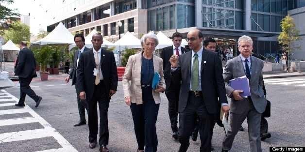 International Monetary Fund (IMF) Managing Director Christine Lagarde (C, L) and International Monetary and Financial Committ