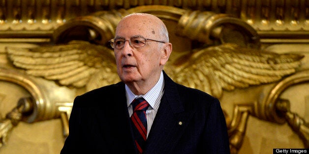 Italian President Giorgio Napolitano looks on during the swearing in ceremony of the new government at the Quirinale Palace in Rome on April 28, 2013. Italy's new coalition government was sworn in today, bringing fresh hope to a country mired in recession after two months of bitter post-election deadlock watched closely by European partners. AFP PHOTO / FILIPPO MONTEFORTE (Photo credit should read FILIPPO MONTEFORTE/AFP/Getty Images)