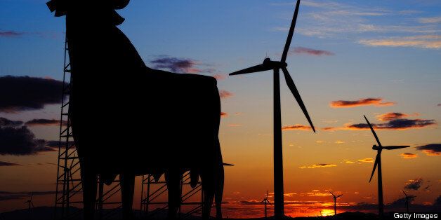 Osborne bull and wind turbines at sunset in La Muela.