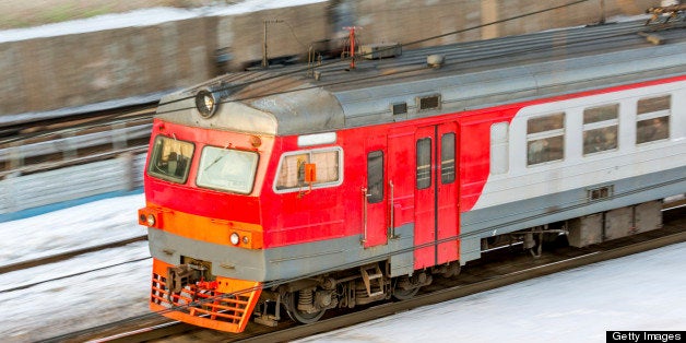 Fast moving train leaving Kievsky railway station, Moscow, Russia