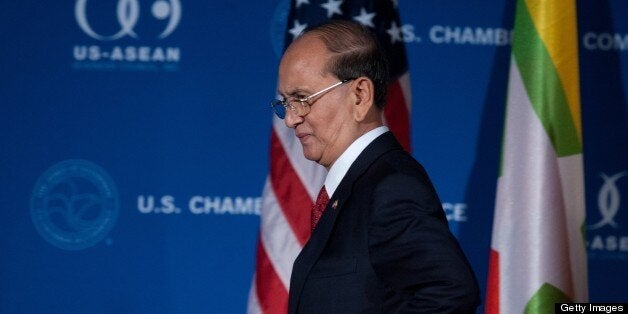 Myanmar President Thein Sein arrives to address the US Chamber of Commerce in Washington on May 20, 2013. Earlier, Thein Sein urged an end to intercommunal violence and discrimination after hearing a call from US President Barack Obama to put a stop to anti-Muslim attacks. AFP PHOTO/Nicholas KAMM (Photo credit should read NICHOLAS KAMM/AFP/Getty Images)