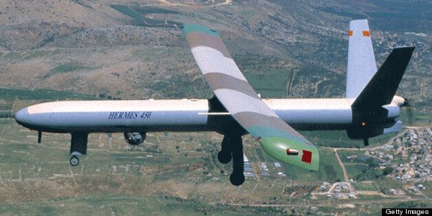 UNDATED: This undated handout from Elbit Systems Ltd. shows a Hermes 450 unmanned airborn vehicle (UAV) in flight. The U.S. Department of Homeland Security announed on June 25, 2004 that UAVs would be deployed in Arizona to assist in patroling the Mexican/American border. (Photo by Elbit Systems Ltd. via Getty Images)