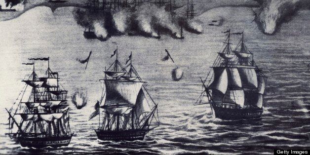 UNSPECIFIED - CIRCA 2002: The fleet of Lord Thomas Cochrane in Callao, 1820 attacking a Spanish station. Peruvian War of Independence, 19th century. (Photo by DeAgostini/Getty Images)
