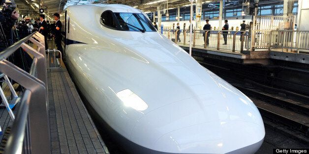 OSAKA, JAPAN - FEBRUARY 08: (CHINA OUT, SOUTH KOREA OUT) New Tokaido Shinkansen bullet train N700A is seen at Shin Osaka Station on February 8, 2013 in Osaka, Japan. The new train, boasting an automated speed control system and a host of passenger-friendly features, makes its commercial debut. (Photo by The Asahi Shimbun via Getty Images)