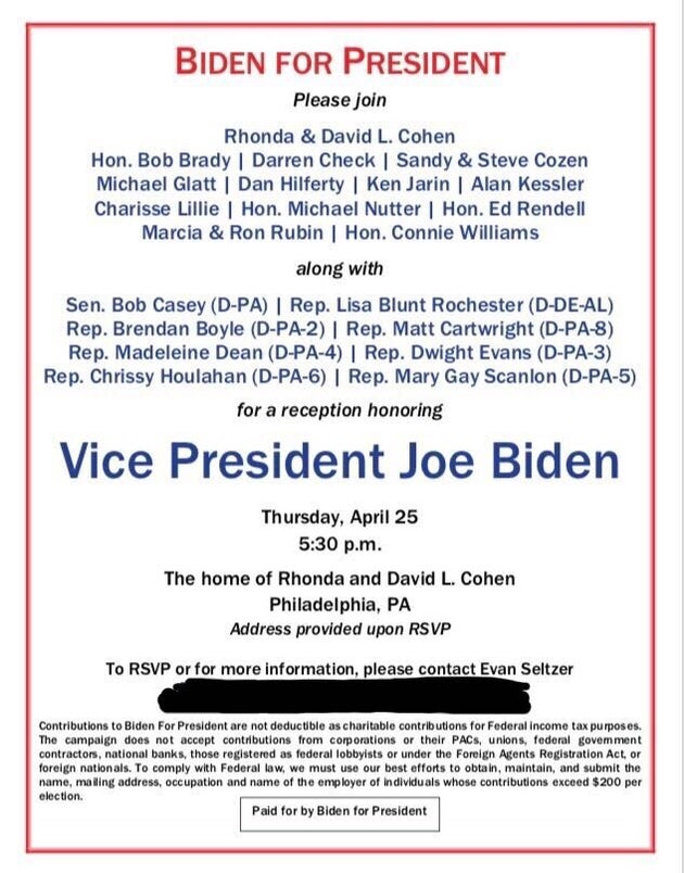 An invite to a fundraiser for former Vice President Joe Biden's presidential campaign in Philadelphia...
