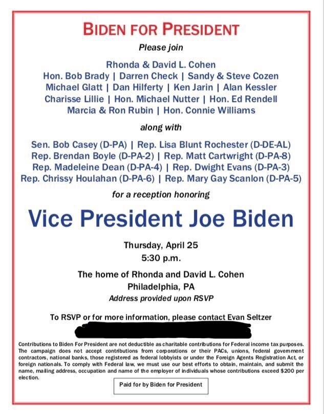 An invite to a fundraiser for former Vice President Joe Biden's presidential campaign in Philadelphia on April 25.&nbsp;