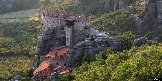 The Meteora is one of the largest and most important complexes of Eastern Orthodox monasteries in Greece, second only to Mount Athos. The six monasteries are built on natural sandstone rock pillars, at the northwestern edge of the Plain of Thessaly near the Pineios river and Pindus Mountains, in central Greece. The nearest town is Kalabaka.