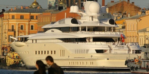 St petersburg, russia, june 4, 2008, russian multi-billionaire roman abramovich's pelorus yacht is moored beside english emba