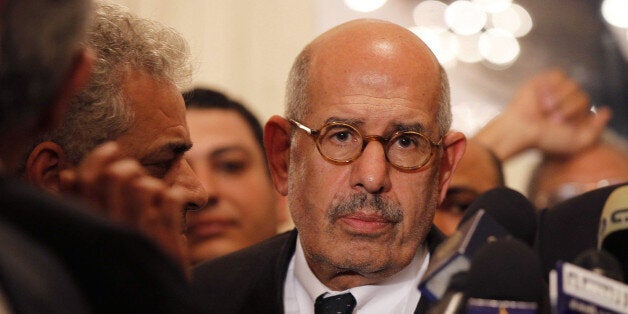 Egyptian opposition leader and Nobel Prize laureate Mohamed ElBaradei leaves at the end of a joint press conference on November 22, 2012, in Cairo. Egyptian opposition forces today denounced a declaration by President Mohamed Morsi granting him sweeping powers as a 'coup' and called for nationwide protests. AFP PHOTO / STRINGER (Photo credit should read STRINGER/AFP/Getty Images)