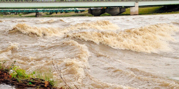 FUKUSHIMA, JAPAN - OCTOBER 16: (CHINA OUT, SOUTH KOREA OUT) Swollen Abukuma River due to the heavy rain triggered by Typhoon