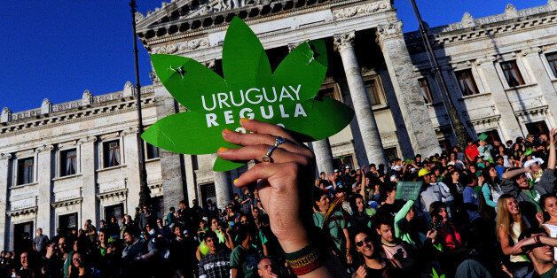 People take part in a demo for the legalization of marijuana in front of the Legislative Palace in Montevideo, on December 10, 2013, as the Senate discuss a law on the legalization of marijuana's cultivation and consumption. Uruguays parliament is to vote Tuesday a project that would make the country the first to legalize marijuana, an experiment that seeks to confront drug trafficking. The initiative launched by 78-year-old Uruguayan President Jose Mujica, a former revolutionary leader, would enable the production, distribution and sale of cannabis, self-cultivation and consumer clubs, all under state control. AFP PHOTO/ Pablo PORCIUNCULA (Photo credit should read PABLO PORCIUNCULA/AFP/Getty Images)
