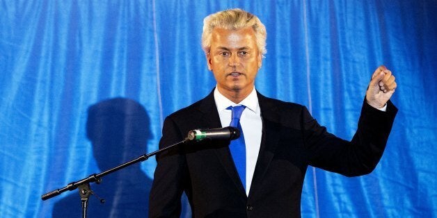 Dutch Freedom Party (PVV) leader Geert Wilders gestures during a speech in Ahoy in Rotterdam, on August 24, 2012. AFP PHOTO/