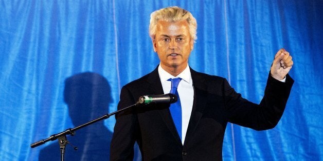 Dutch Freedom Party (PVV) leader Geert Wilders gestures during a speech in Ahoy in Rotterdam, on August 24, 2012. AFP PHOTO/ ANP ROBIN UTRECHT netherlands out (Photo credit should read ROBIN UTRECHT/AFP/GettyImages)