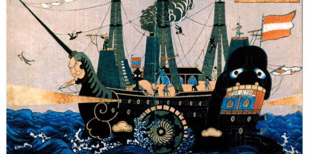 BOULDER, COLORADO, MARCH 10, 2004--This Japanese wood-block print depicting Commodore Perry's ship stands in sharp contrast t