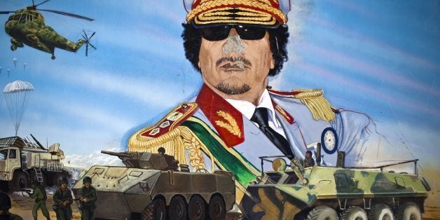 TRIPOLI, LIBYA - AUGUST 29: A mural depicting a victorious battle of the Libyan military forces against a vague enemy lies o