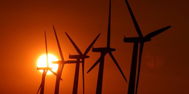 The sun sets over wind turbines near Faringdon, Oxfordshire.