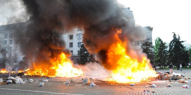 ODESSA, UKRAINE - MAY 2: According to official information, 38 people died in a fire and 30 others were poisoned by carbon monoxide, in a building, during a clash, started between pro-Russian and pro-Ukrainian activists in the centre of Odessa and moved to the Kulikovo field, an area in which the pro-Russian activists' camp was situated and then was captured by pro Ukrainian activists, in Odessa, Ukraine, on May 2, 2014. 50 people, including 10 policemen, asked for medical care during the clashes. (Photo by Maksym Voytenko/Anadolu Agency/Getty Images)